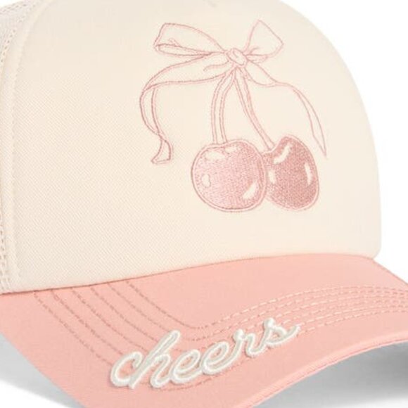 NWT Worn / West Cherry Embroidered Trucker Hat Cream & Pastel Pink - Picture 3 of 4